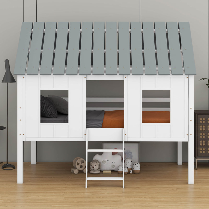 Lit mezzanine simple en forme de maison avec toit, lit mezzanine bas en bois avec rangement et 2 fenêtres à l'avant
