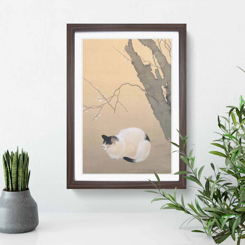 Cat and Plum Blossoms by Hishida Shunso - Picture Frame Painting Print, Walnut Framed, 65cm H x 48cm W x 2cm D