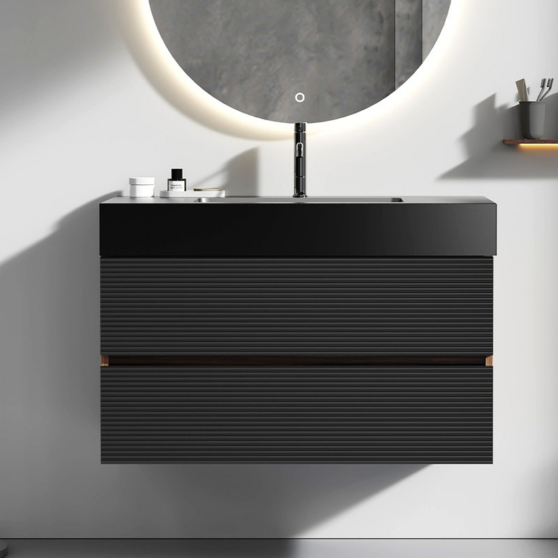 Meuble-lavabo en noyer de 36 po Grace avec lavabo en quartz noir mat et tiroirs noirs doux, meuble-lavabo mural flottant pour salle de bain moderne, lavabo une pièce noir mat, KD