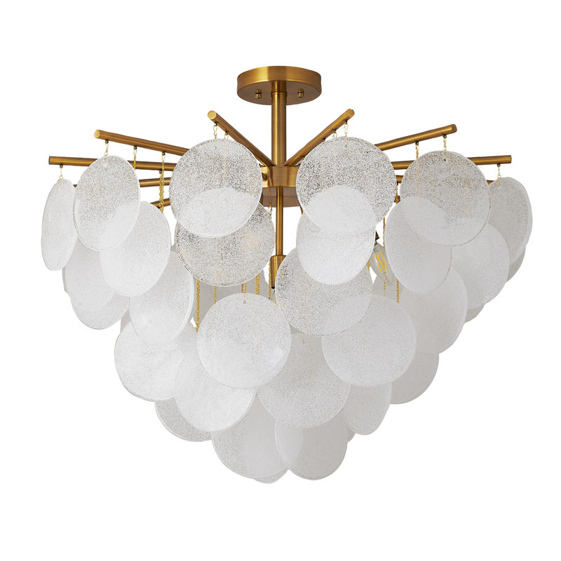 This Exquisite Semi Flush Mount Is In An Antique Brass Finish. The Frame Is Made Out Of Iron, And It Comes With Hanging Frosted Glass. It Is Hanging By Adjustable Rods, And You Can Create A Timeless Feel While Using Modern Forms
