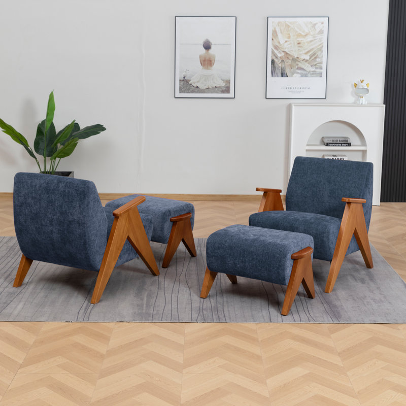 Upholstered Chenille With Footstool Armchair, Blue, 2