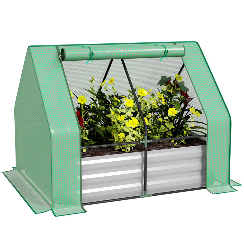 4 X 3 X 3Ft Raised Garden Bed With Mini Greenhouse, Galvanized Raised Garden Bed With Cover For Herbs And Vegetables, Small Greenhouse For Patio Garden Balcony, Green