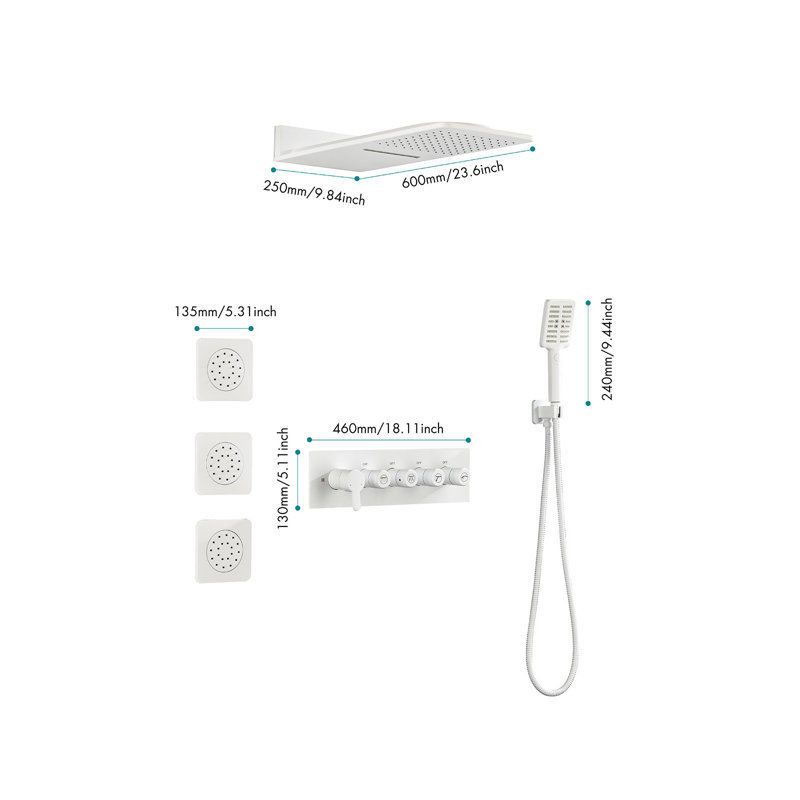 Waterfall Rain Shower System with 3 Body Sprays and Handheld Shower - Brass Wall Mounted Shower Fixture in White