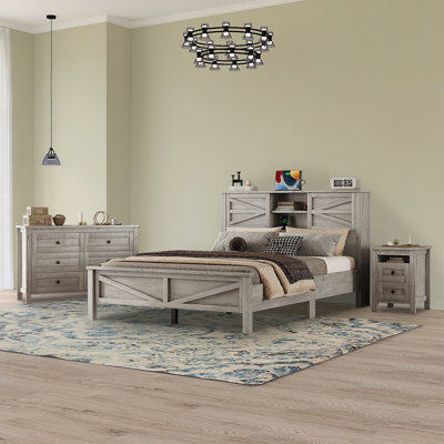 Majunew 3 Piece Queen Size Bedroom Set Platform Bed with Storage Nightstand and Dresser
