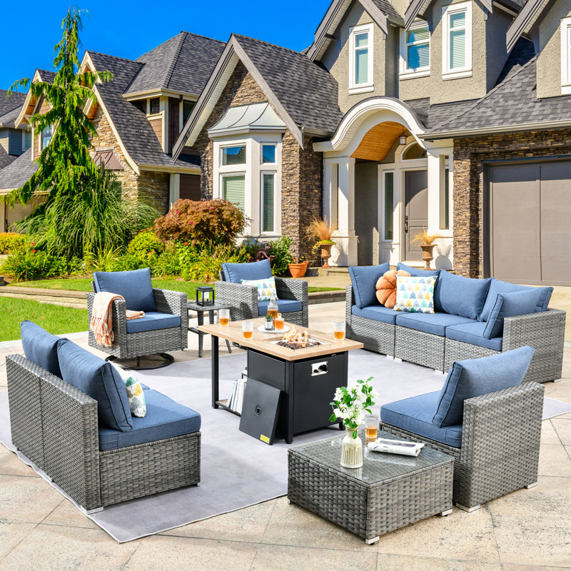 Habibah Premium All-Weather Wicker 9 - Person Patio Conversation Set with Cushions, Blue