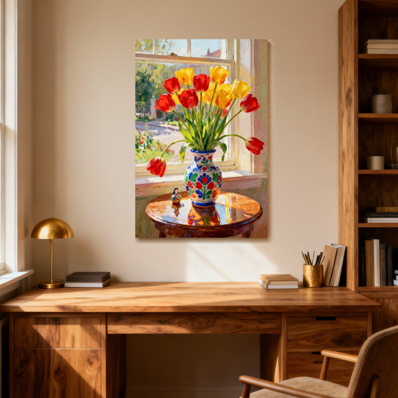 Plantes et fleurs, tulipes colorées dans un vase près de la fenêtre, H 12 po x l 18 po