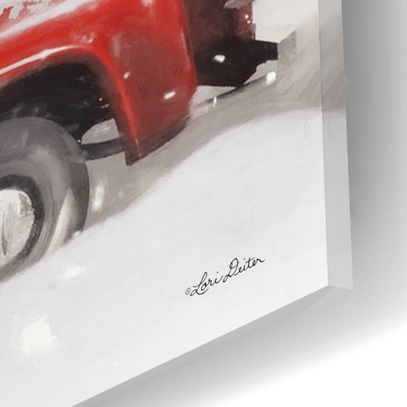 «Red Truck with Christmas Tree II» par Lori Deiter, art mural en verre acrylique, H 12 po x l 16 po x P 0,13 po