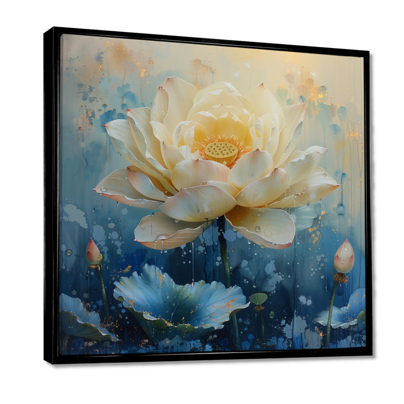 Art mural blanc et bleu lotus des rêves III - Lotus, Cadre flottant noir, H 30 po x l 30 po