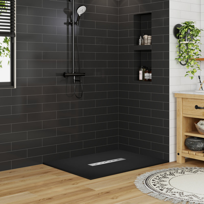 Base de bac de douche rectangulaire à profil bas de 48 po x P 36 po SMC, antidérapant, couvercle de drain, Noir