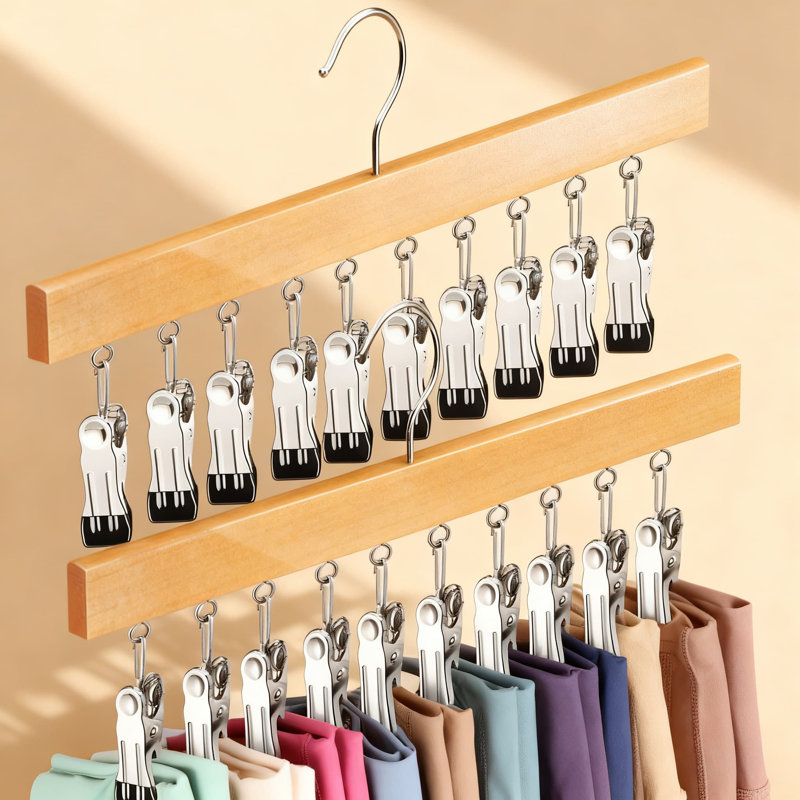 Organisateur de jambes peu encombrant avec cintres pivotants à 360 °, pouvant contenir 20 pantalons, jeans, shorts, chapeaux, chaussettes, pinces antidérapantes, solution de rangement pour garde-robe en bois