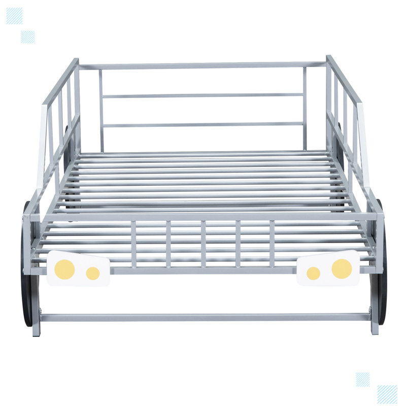Lit plateforme simple en métal en forme de voiture avec roues et phares décoratifs, argent, Argent
