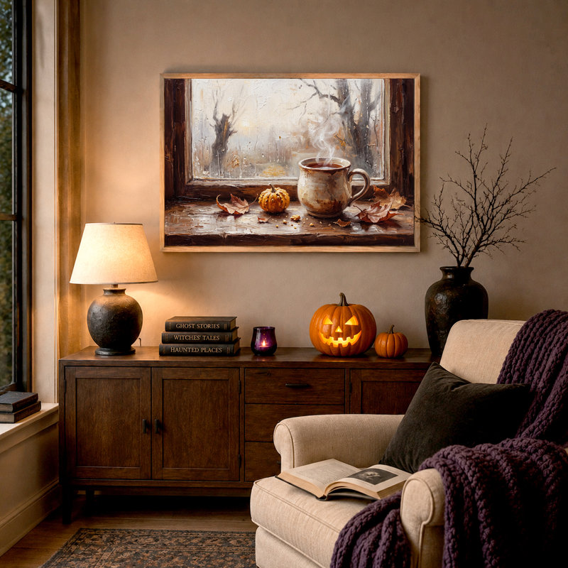 Tasse de café fumant et citrouille sur toile murale en bois pour l'Halloween, H 32 po x l 48 po