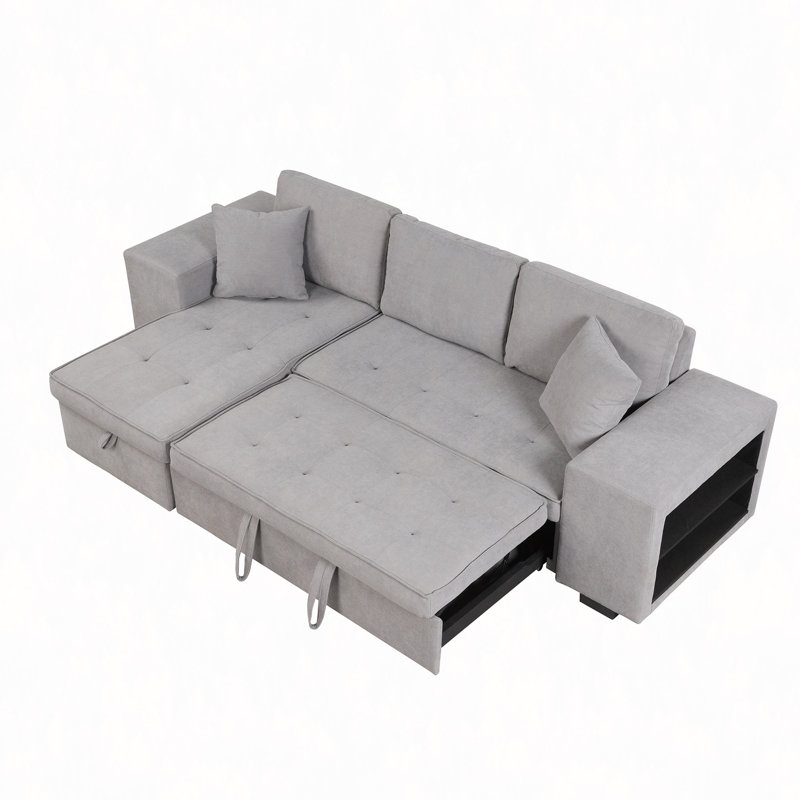 104.5" Modern L-Shape 3 Seat Reversible Sectional Couch, Pull Out Sleeper Sofa with Storage Chaise and 2 Stools for Living Room Furniture Set