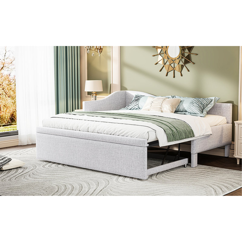 Lit de jour simple en L rembourré en L beige avec lit gigogne et extensible pour dormir très grand
