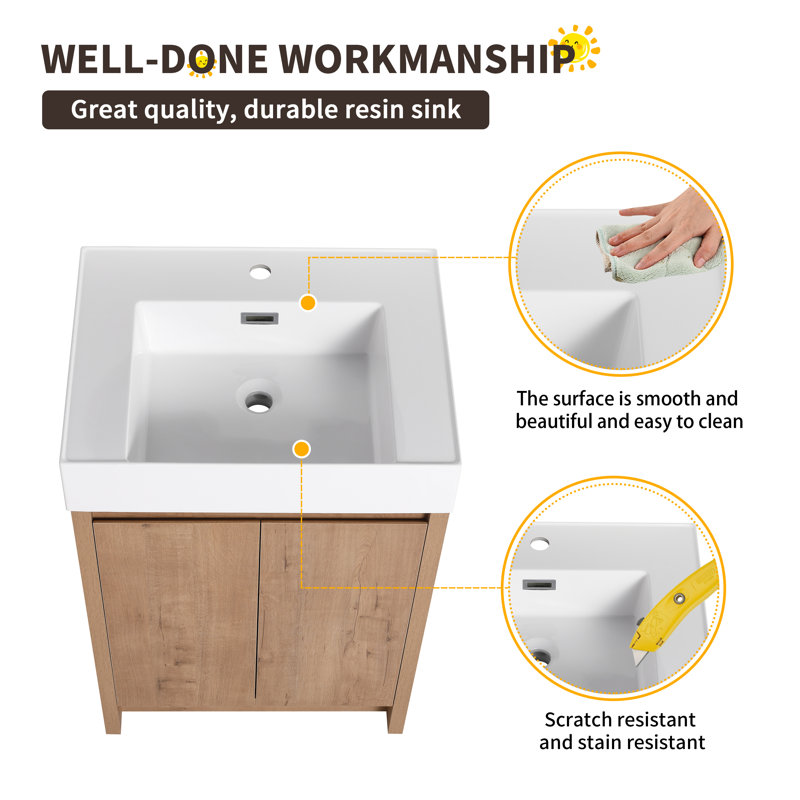 Philant 24" Single Freestanding Bathroom Vanity with Resin Basin Sink Top,Floor Standing Vanity With 2 Doors and 1 Adjustable Shelf