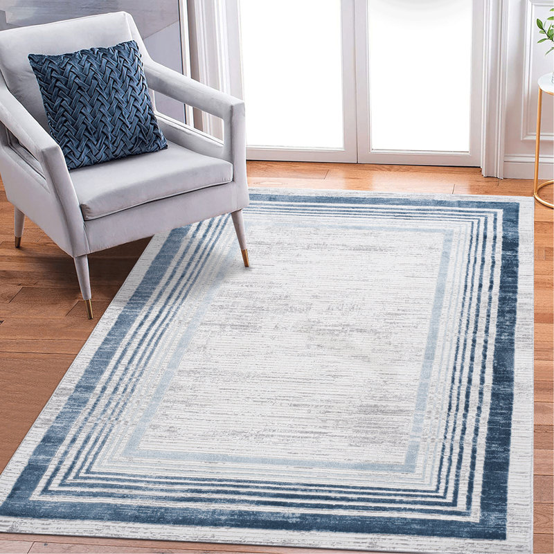 6X9 Blue / Ivory / Bordered Area Rug, Rectangle 6'7" x 7'9"