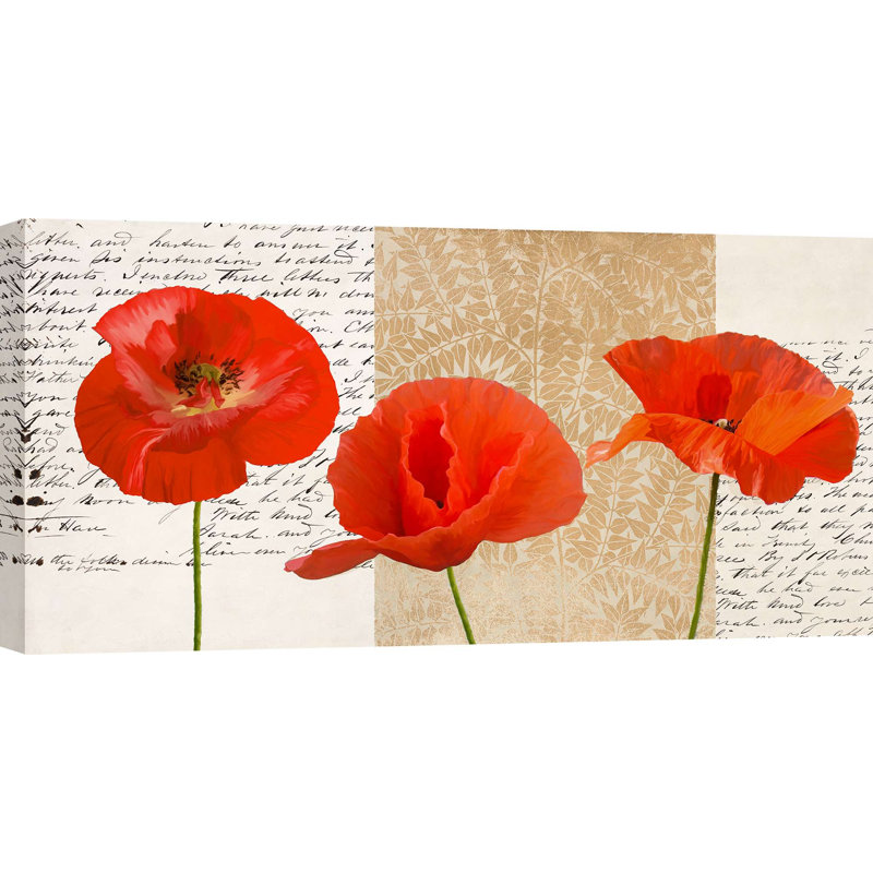 Floral Decorative Panel: Three Poppies by Elena Dolci - Wrapped Canvas Print, 35cm H x 70cm W x 4cm D