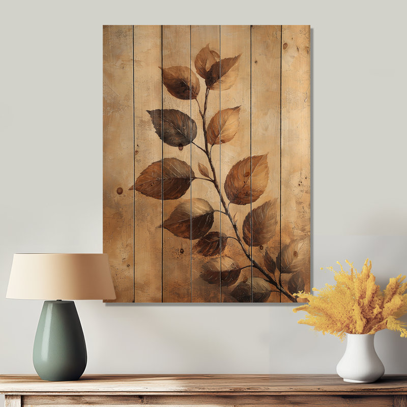 Brown Faded Sepia Leaves III - Leaves Wood Wall Decor - On Natural Pine Wood, 20" H x 10" W x 0.78" D