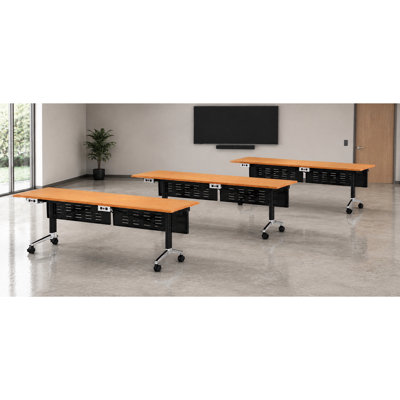 Tables de formation mobiles commerciales avec alimentation intégrée | Ensemble de 3 | Tables gigognes pliables de 80 po | Roulettes verrouillables | Mobilier de salle de conférence et de classe | Hêtre | Sièges 6