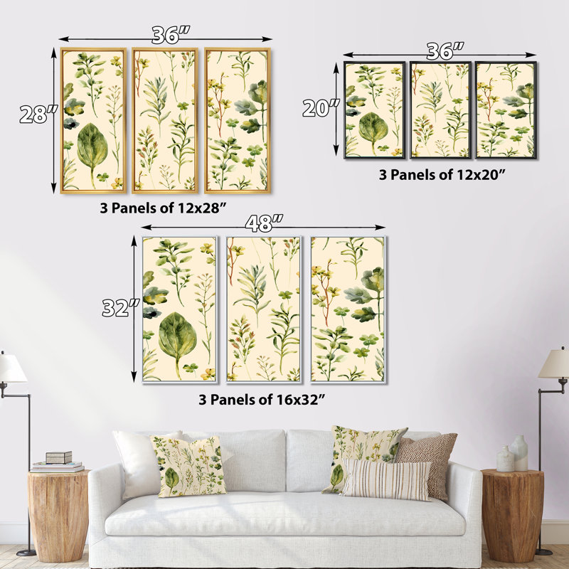 «Meadow Weeds And Herbs II», peinture sur toile 3 pièces, H 20 po x l 36 po, Cadre blanc