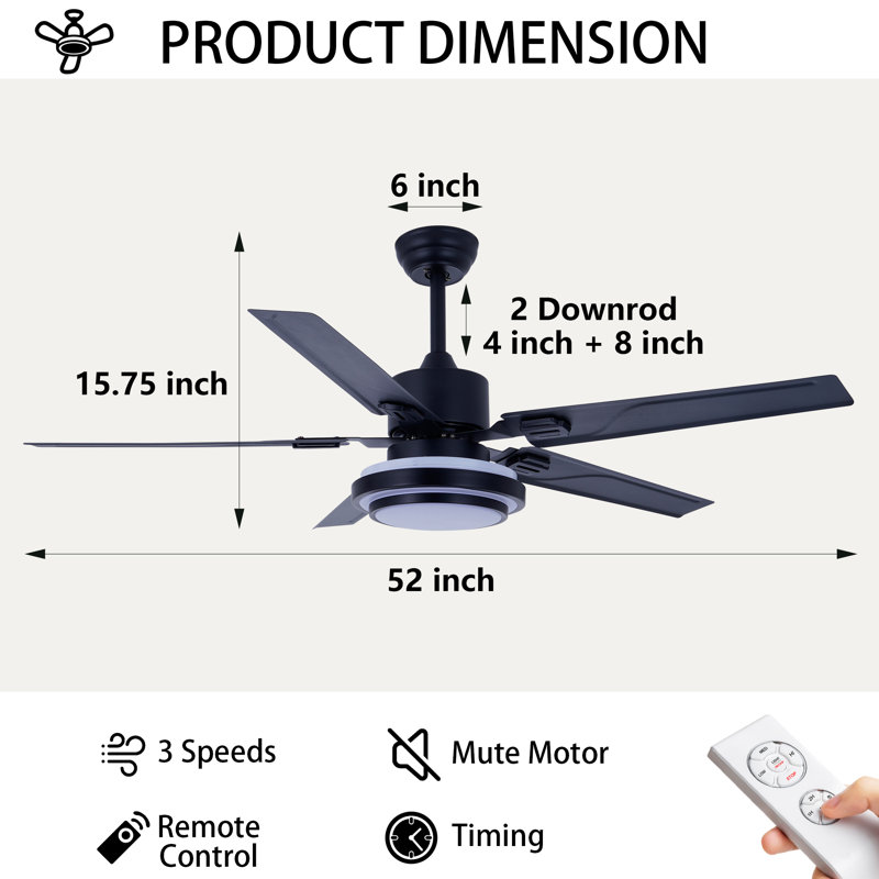 52" Traditional Ceiling Fan With Led Light, Remote Control, 3-Speed & 3-Colour Led, 5000 Cfm Airflow