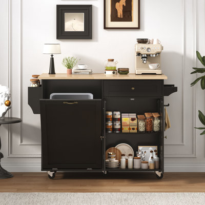 Îlot de cuisine 51 po avec abattant pliable, armoire à déchets dissimulée, prise de courant, 2 tiroirs, tablettes réglables, porte-épices et serviettes, roues verrouillables, chariot de cuisine mobile pour la salle à manger et la maison