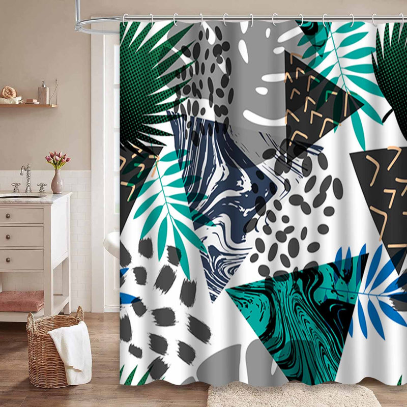 Rideau de douche imperméable à l'eau à motif géométrique tropical avec 12 crochets, L 72 po x l 84 po