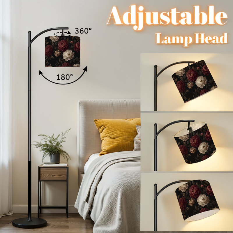 Arc Floor Lamp with Adjustable Lampshade Peony Floral Deep Burgundy Cream Dark Vintage Botanical Oil Standing Lamp 3 Color Temperatures Dimmable Tall Pole Lamp with Foot Switch for Bedroom