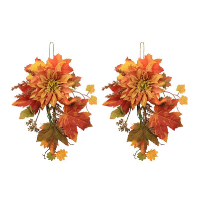 Ensemble de 2 guirlandes de porte d'automne artificielles avec feuilles d'érable, dahlia et citrouilles, décoration murale de l'Action de grâce