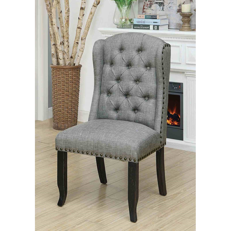 Rustic Style 2Pc Side Chair Button Tufted Nailhead Trim Wing Back Antique Dining Room, Gray