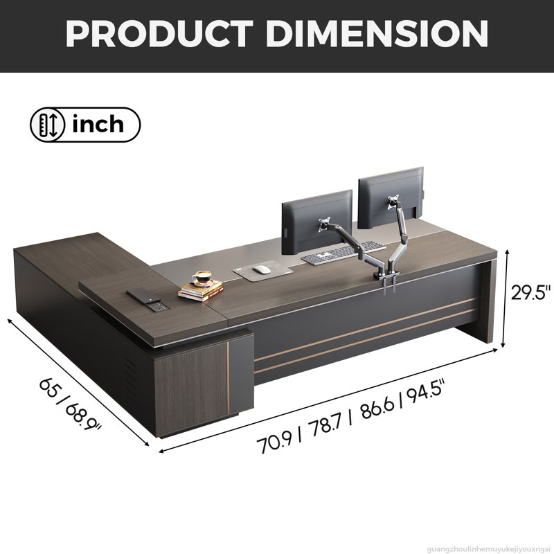 Executive L-Shaped Desk With Secure Storage And Cable Management, 29.53" H x 78.74" W x 64.96" D