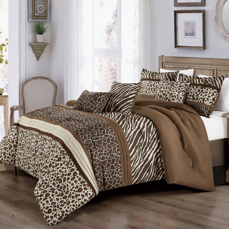 Brown Leopard & Safari Print 6-Piece Microfiber Comforter Set With Zebra And Giraffe Accents，Queen, Queen