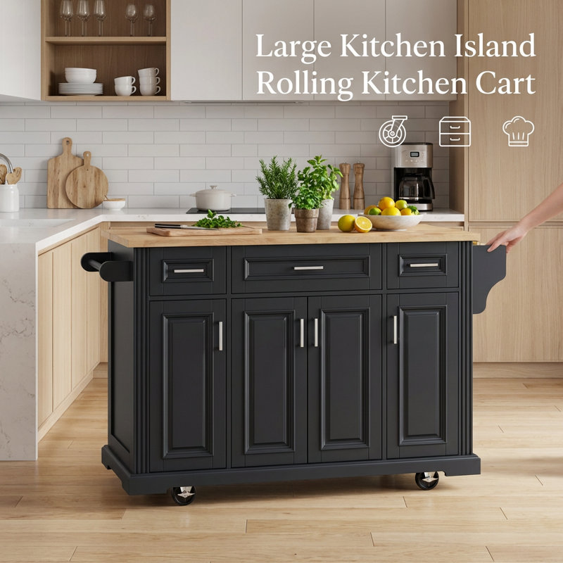 Large Kitchen Island with Drop Leaf and Wheels, Farmhouse Style Storage Cart with Embossed Texture, Four Doors and Three Drawers for Additional Workspace and Organization