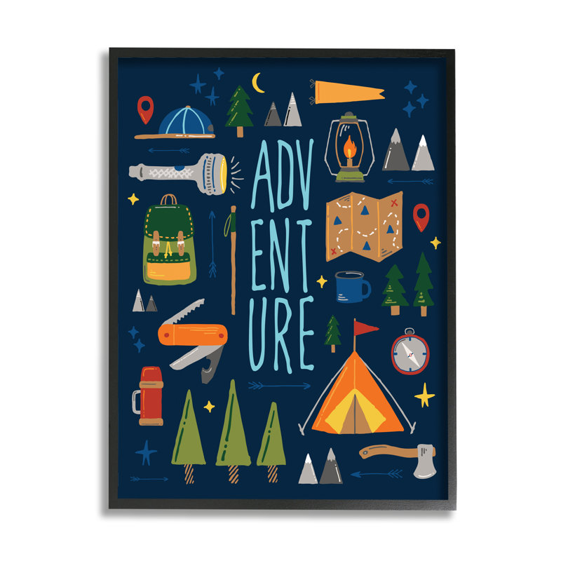 Traduction libre «Abdual Outdoor Adventure», activités de camping rustiques, Giclée encadrée noir minuit