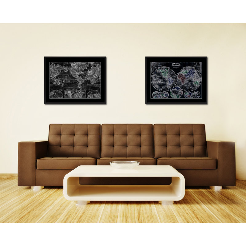 Carte du monde océanique, impression monochrome sur toile avec cadre noir, 28 x 37, H 28 po x l 37 po