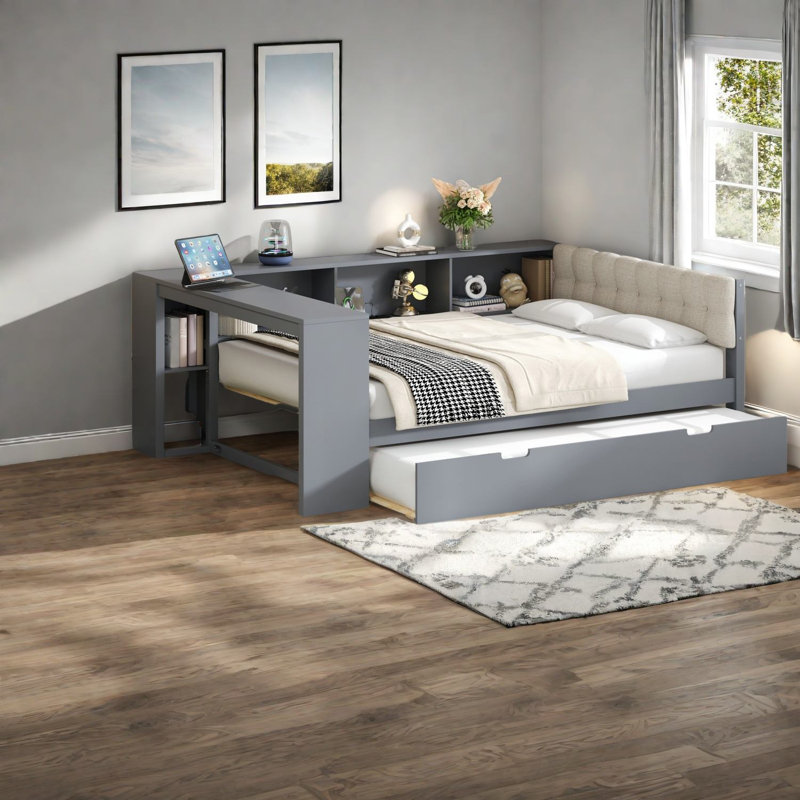 Spacious Wooden Beds With Storage, Upholstered Headboard, Modern Gray