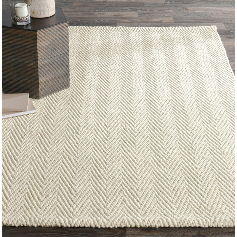Herringbone 2x3 Hand Woven Wool Blend Fabric Ivory Rug, Rectangle 6' x 9'