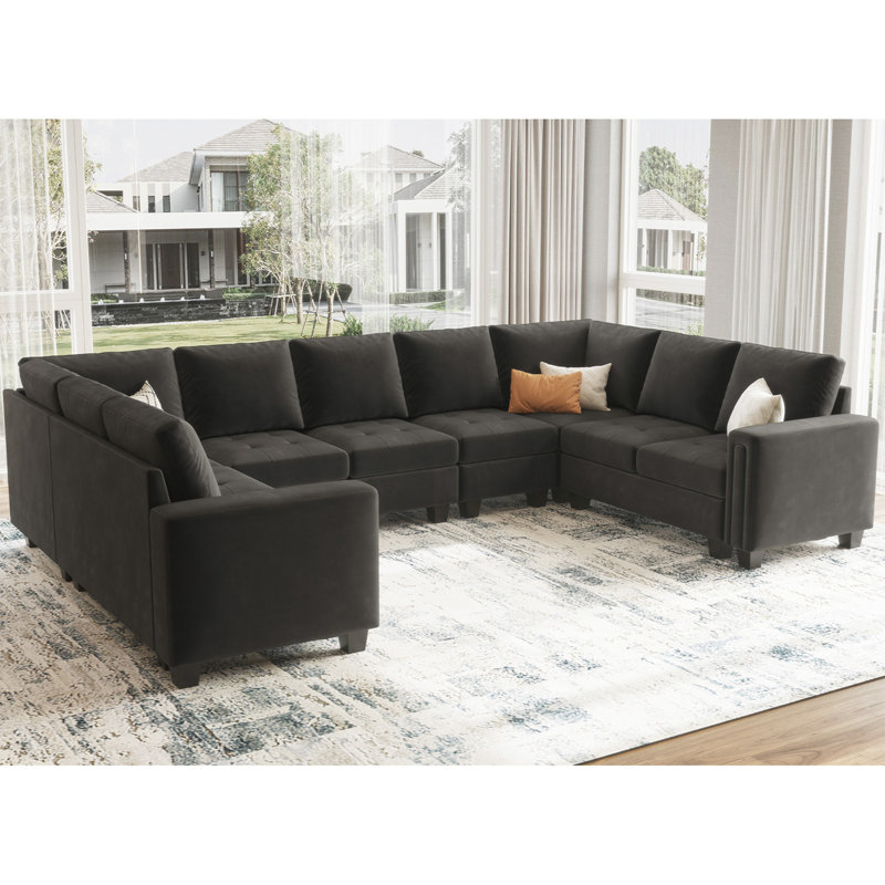 Shavera 8 - Piece Large U Shaped Corner Sofa Sectional Modular Sofa Living Room Couch Party Room Sofa, Gray Velvet