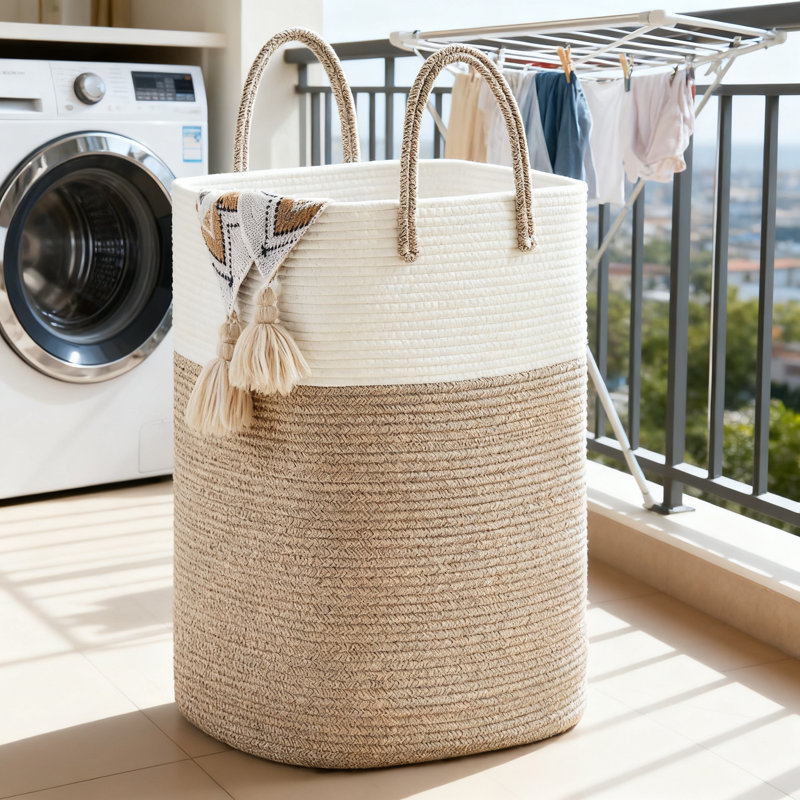 Large Cotton Rope Laundry Basket With Handwoven Design, Breathable And Collapsible Storage Hamper For Clothes, Toys, And Blankets