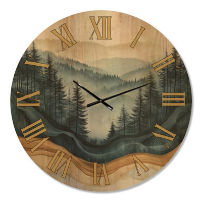 Misty Evergreen Forest IV - Pine Tree Large Wall Clock, Printed on Wood