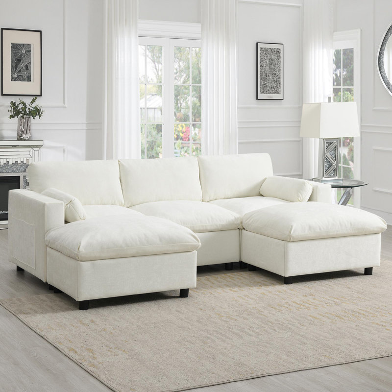 Canapé modulaire 5 pièces avec poches de rangement 86,5 po Amanollah, Chenille blanche