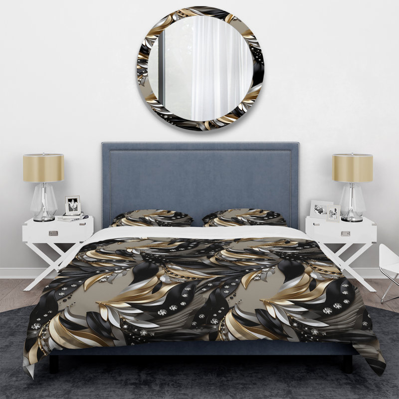 Ensemble de housse de couette Deep Black and Gold Elegance I, Housse de couette pour grand lit et 2 taies décor