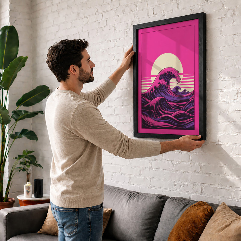 Magenta Wave at Dusk Retro - Framed Print, A3 - 42.0 x 29.7 cm, White