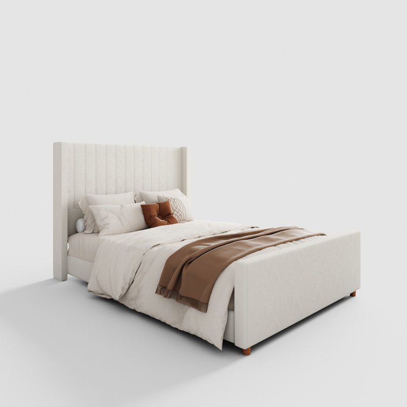  Lit plateforme tapissier à oreilles avec tête de lit et pied de lit en velours Plainfield, Beige, Grand