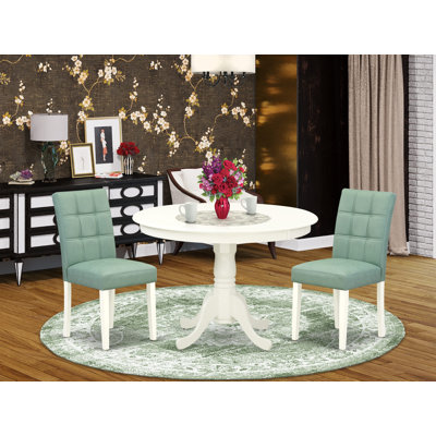 Ensemble de table de salle à manger 3 pièces comprenant une table moderne et 2 chaises parsons en tissu de polyester vert saule, blanc lin
