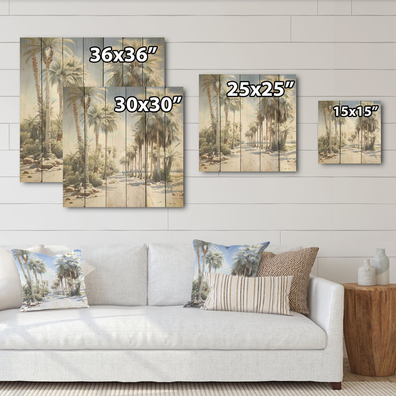 Perles du désert, oasis de palmiers et de palmiers, art sur bois de pin naturel, H 36 po x l 36 po