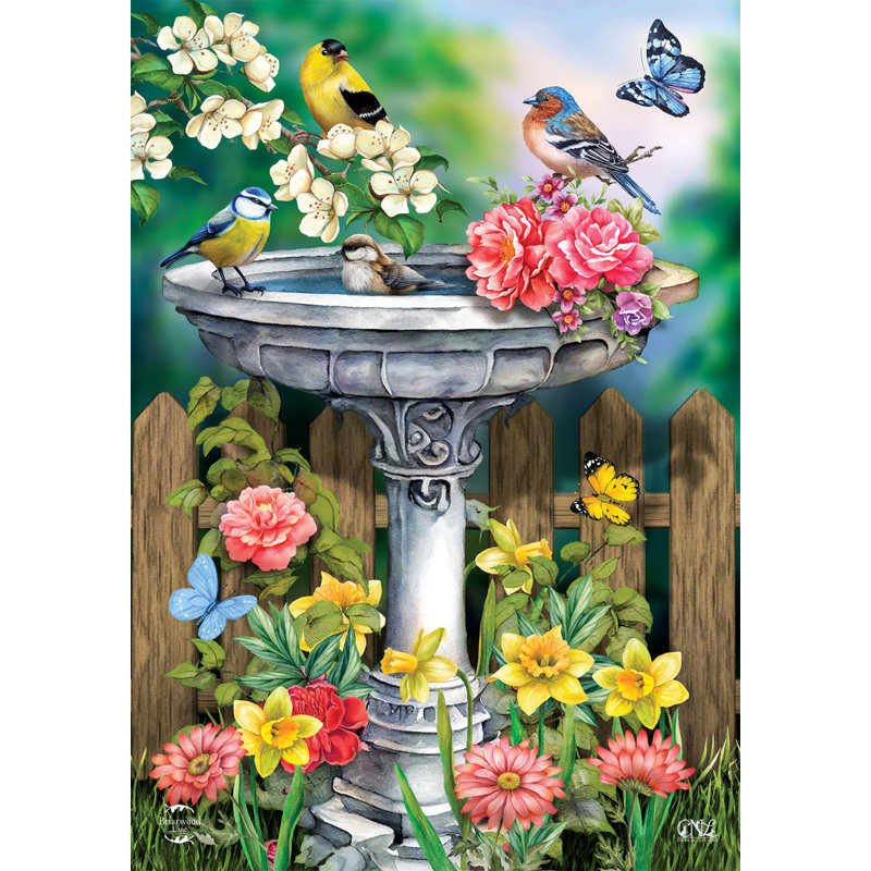 Drapeau de jardin Birdbath In Bloom, Oiseaux gris/jaunes/roses