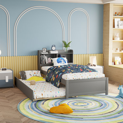 Engeliene Wooden Bed with Trundle,Storage Bed Frame with Bookcase