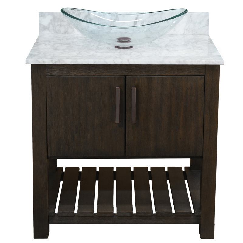 Meuble-lavabo de 30 po avec comptoir en marbre de Carrare et lavabo, quincaillerie bronze huilé, Bronze frotté à l'huile