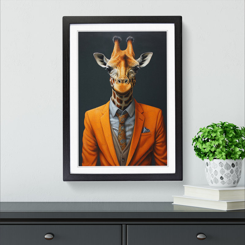 Giraffe In A Suit Painting - Single Picture Frame Print on Wood, Black, 34cm H x 25cm W x 2cm D